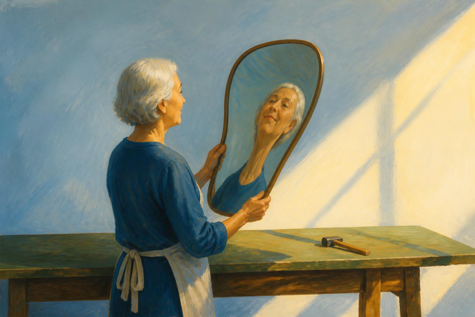 A woman pauses before a warped mirror, her reflection pulled sideways in warm lamplight.