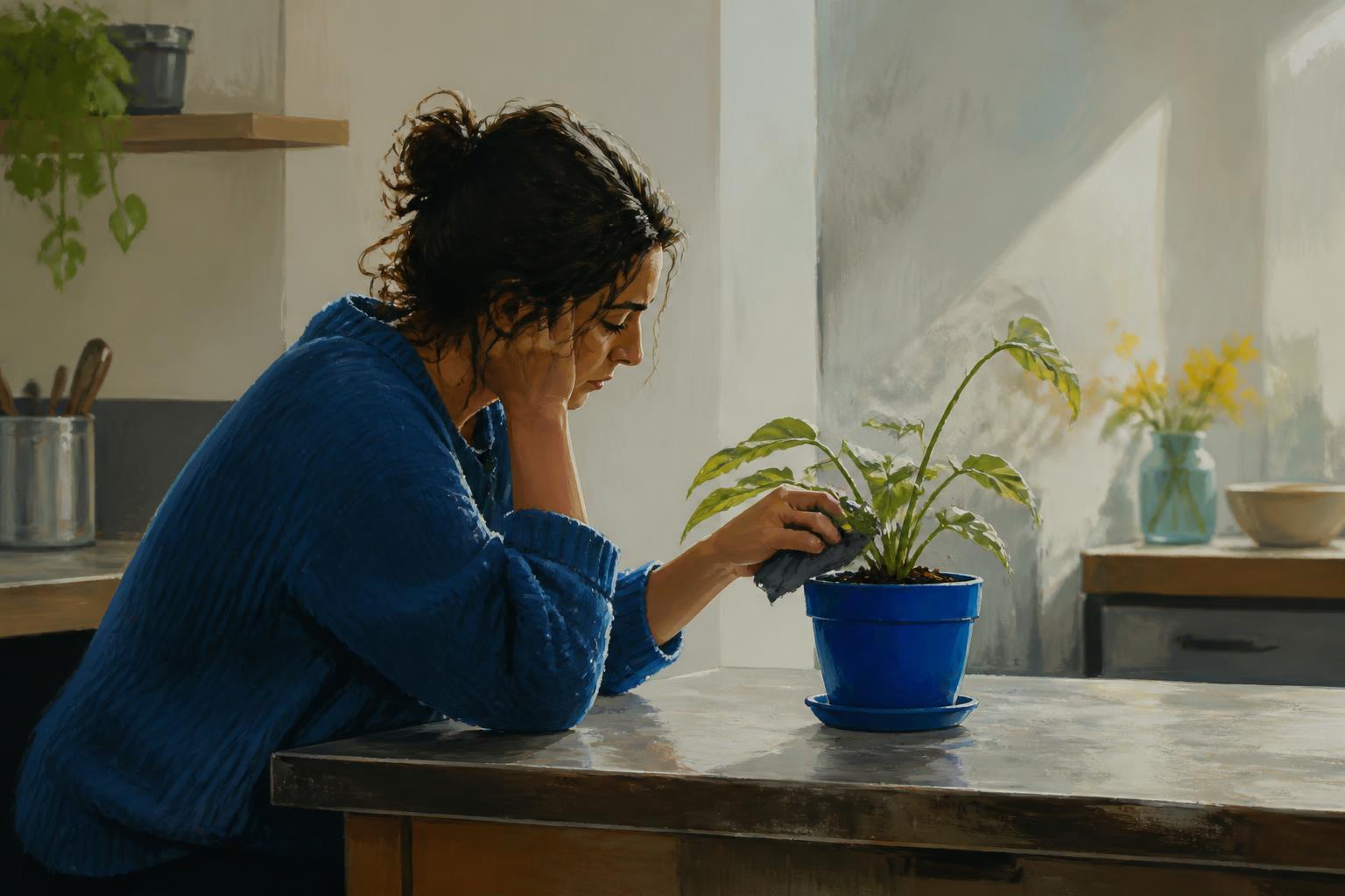 A grieving woman sits in a quiet kitchen where morning light seems unable to move forward.