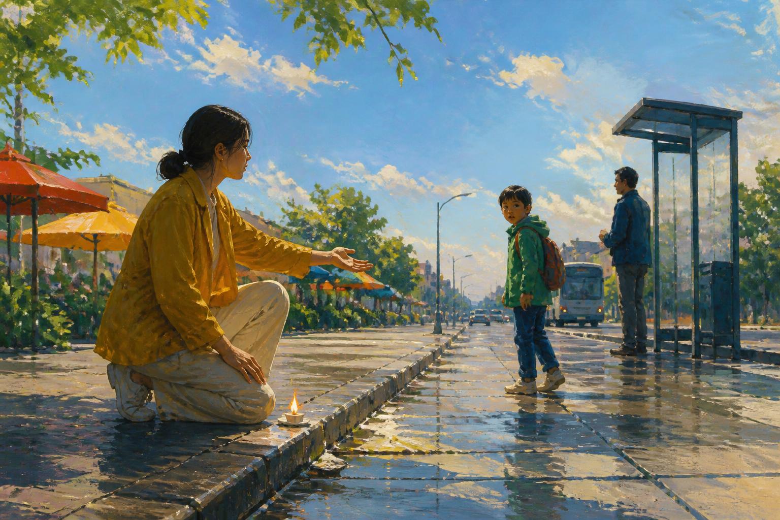 A woman pauses at a lit threshold, keeping gentle space between herself and a small flame.