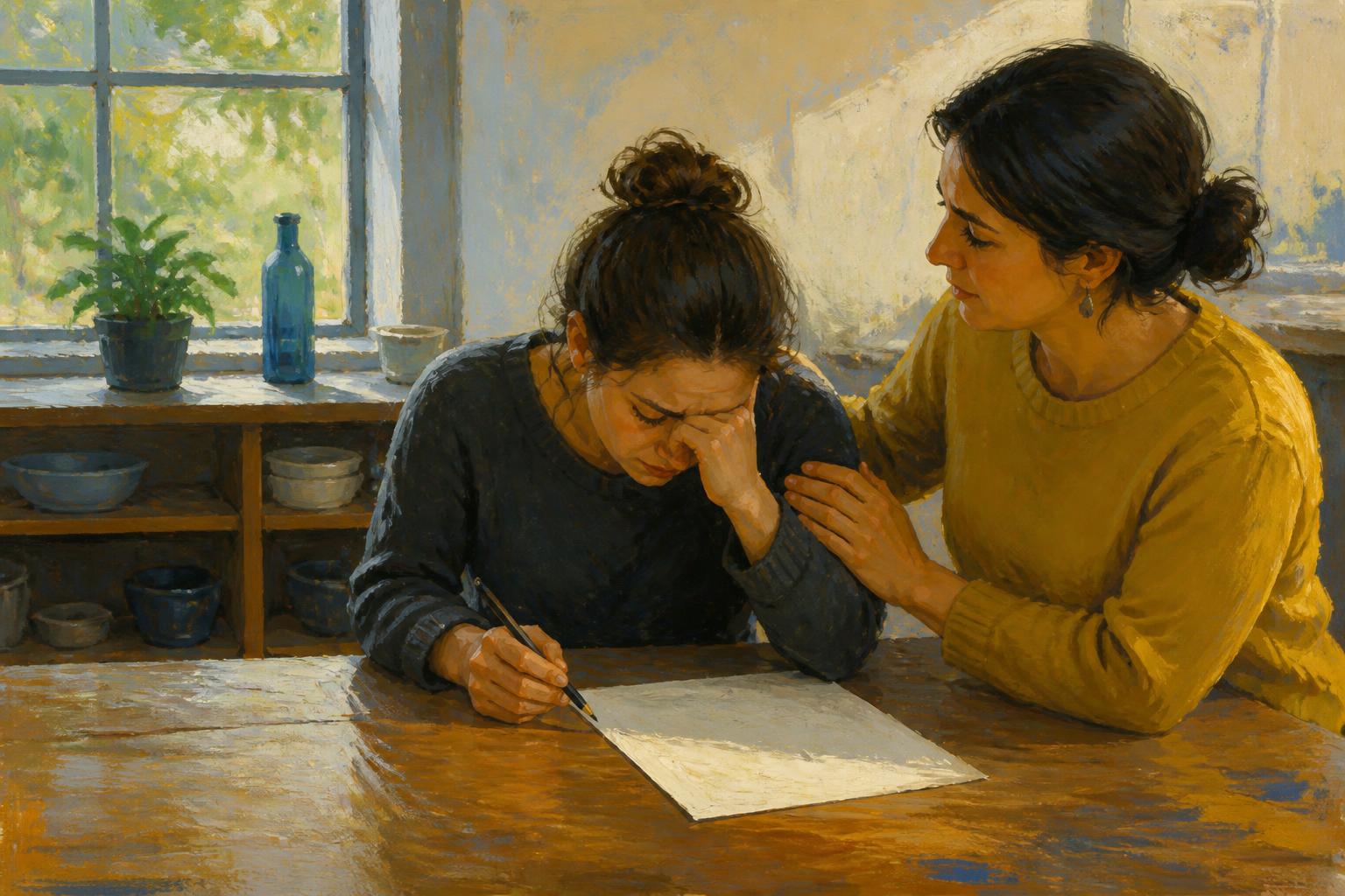 A wakeful woman faces a pale window in a dim room, the blank glow feeling quietly aware.