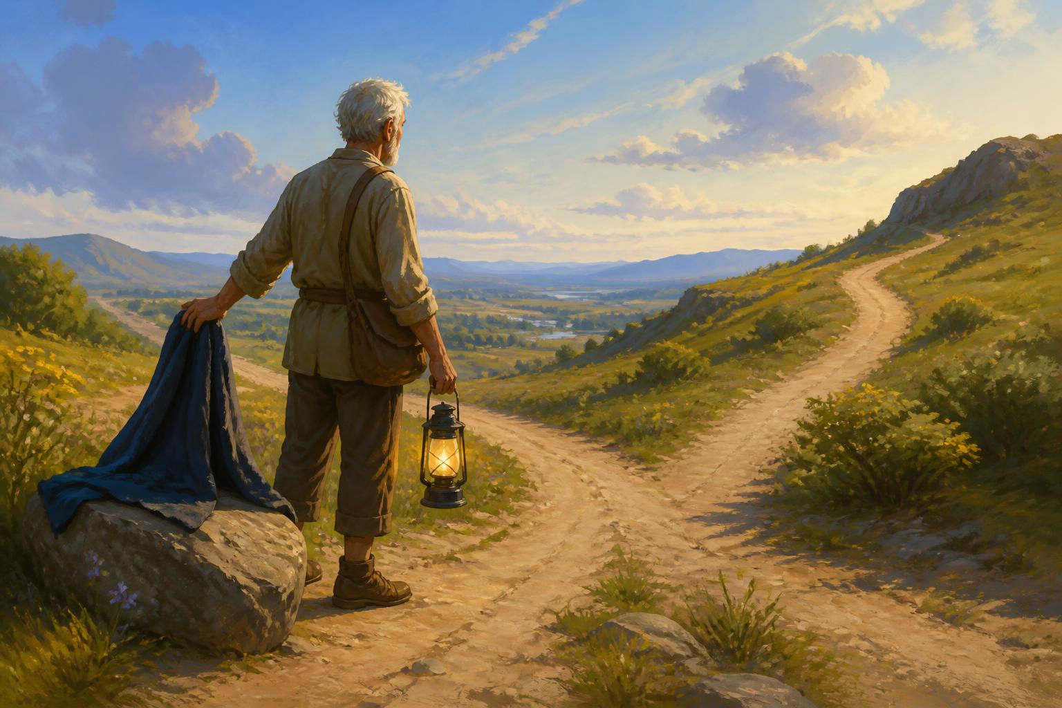 A traveler at a quiet fork in the path, setting down a cloak while still carrying a lantern.