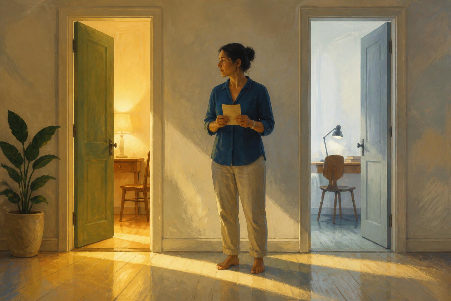 A woman stands between two open doorways as the same lamplight reaches her from both rooms.
