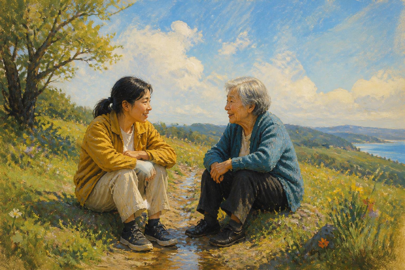 A woman and an older neighbor sit by a lamplit window, a shared silence forming between them.