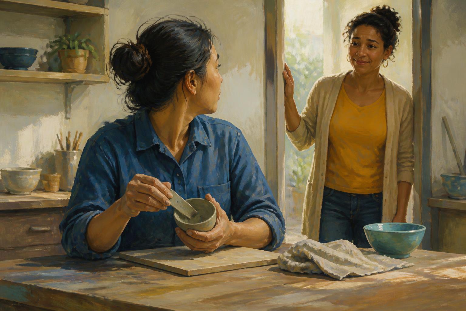 A quiet practitioner at a lamplit table listens as a trusted elder gently questions the silence.
