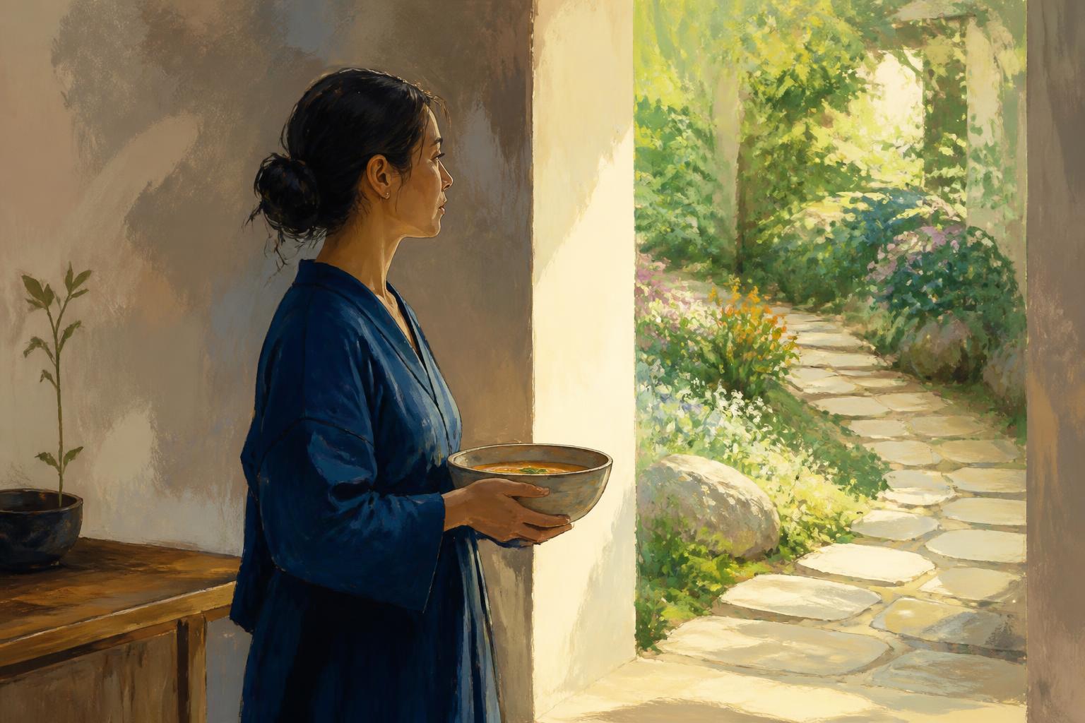 A woman pauses at a lit doorway, carrying a bowl toward a quiet garden path.
