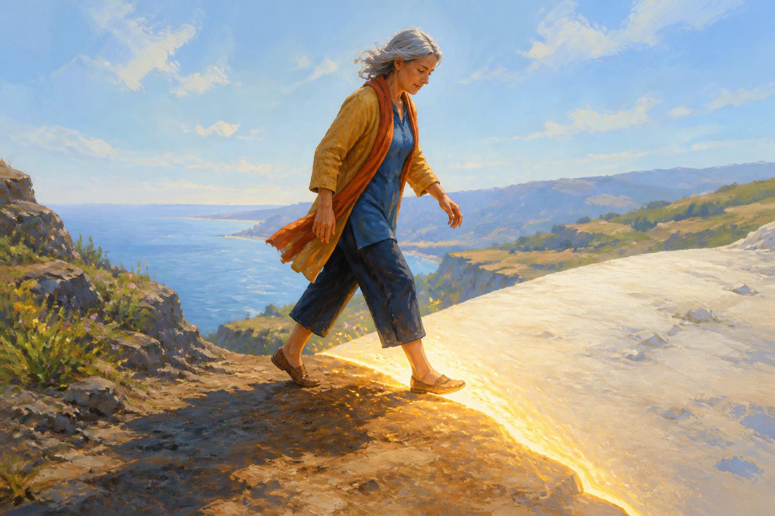 An older woman steps across a glowing threshold that forms only beneath her feet.
