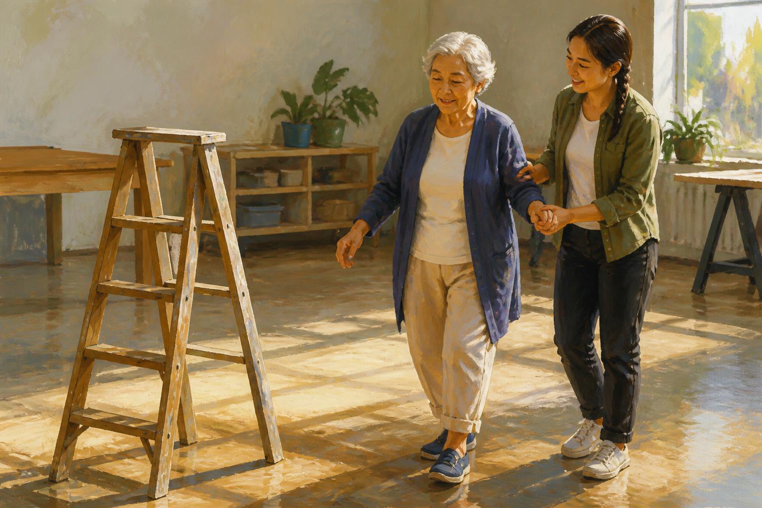 A woman steps from a lamplit practice room into morning, leaving a simple training frame behind.