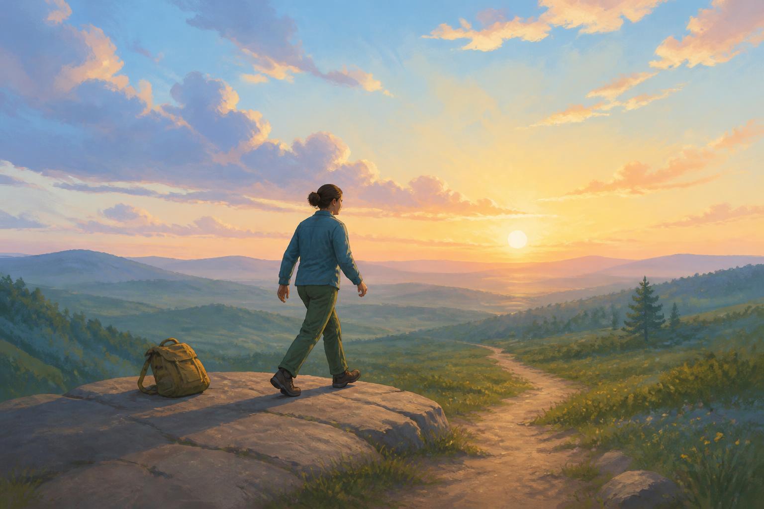 A tired woman pauses at a threshold, setting down a pack before stepping toward a quiet dawn path.