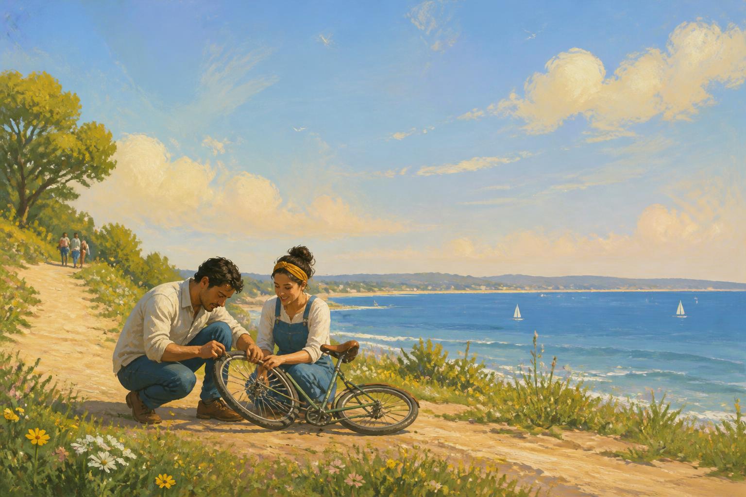 Two people share a quiet kitchen table at dusk, held by warm lamplight after a difficult silence.