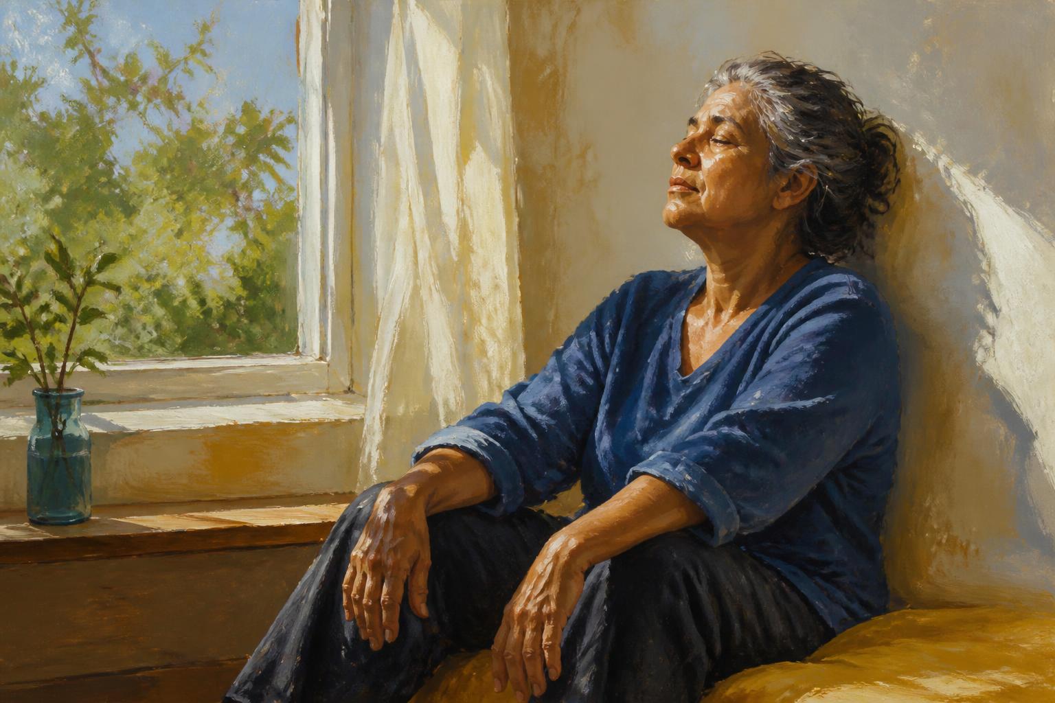 An exhausted woman rests by an open window, hands empty in warm morning light.