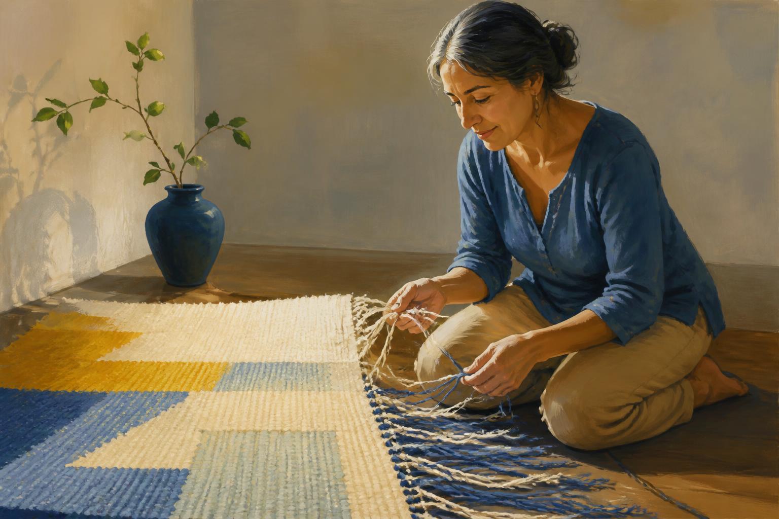 A seated woman watches a loosened weaving still attached to its frame in a warm dusk room.