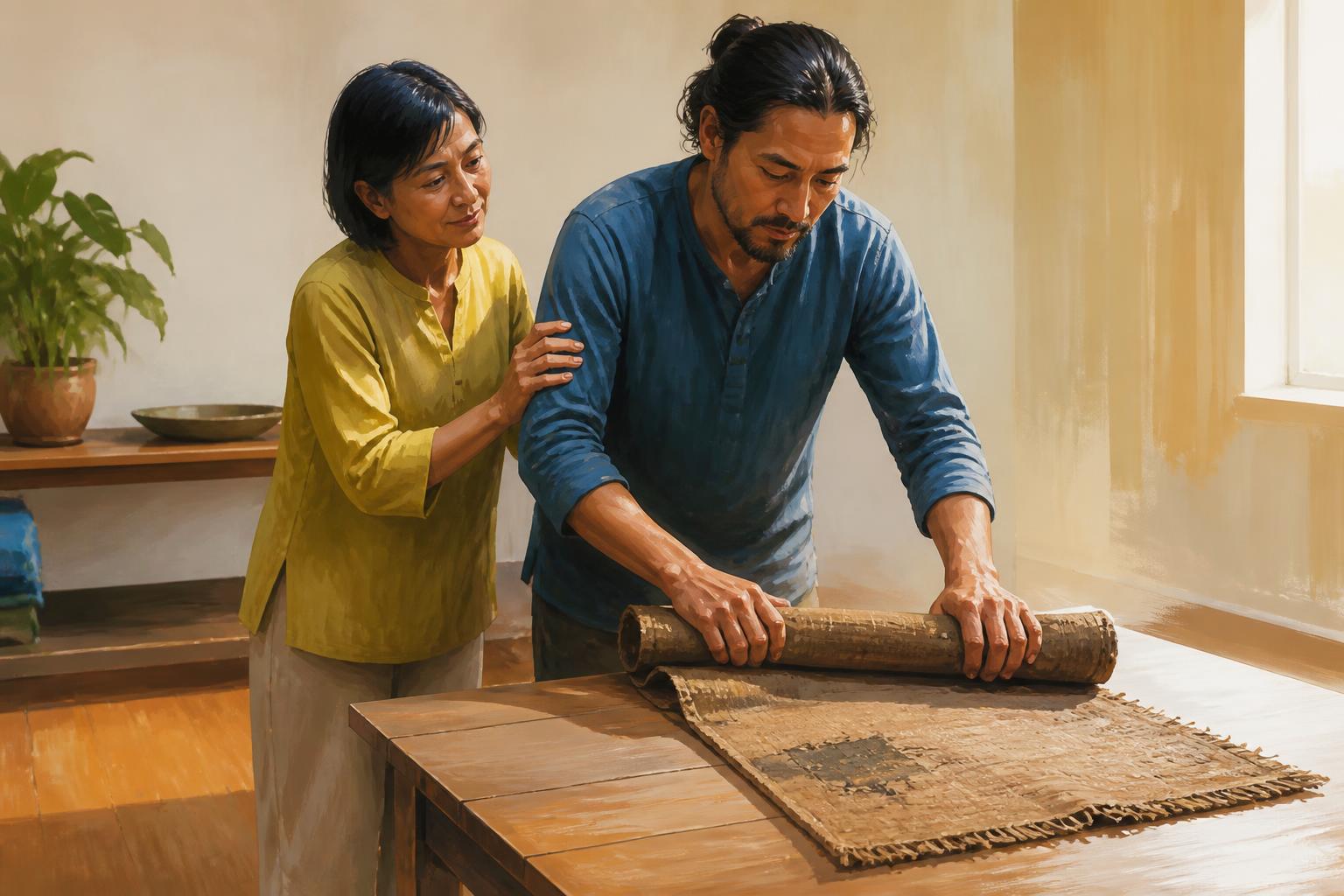 A woman at dawn folds a worn mat beside an open doorway, stepping back into a modest room.