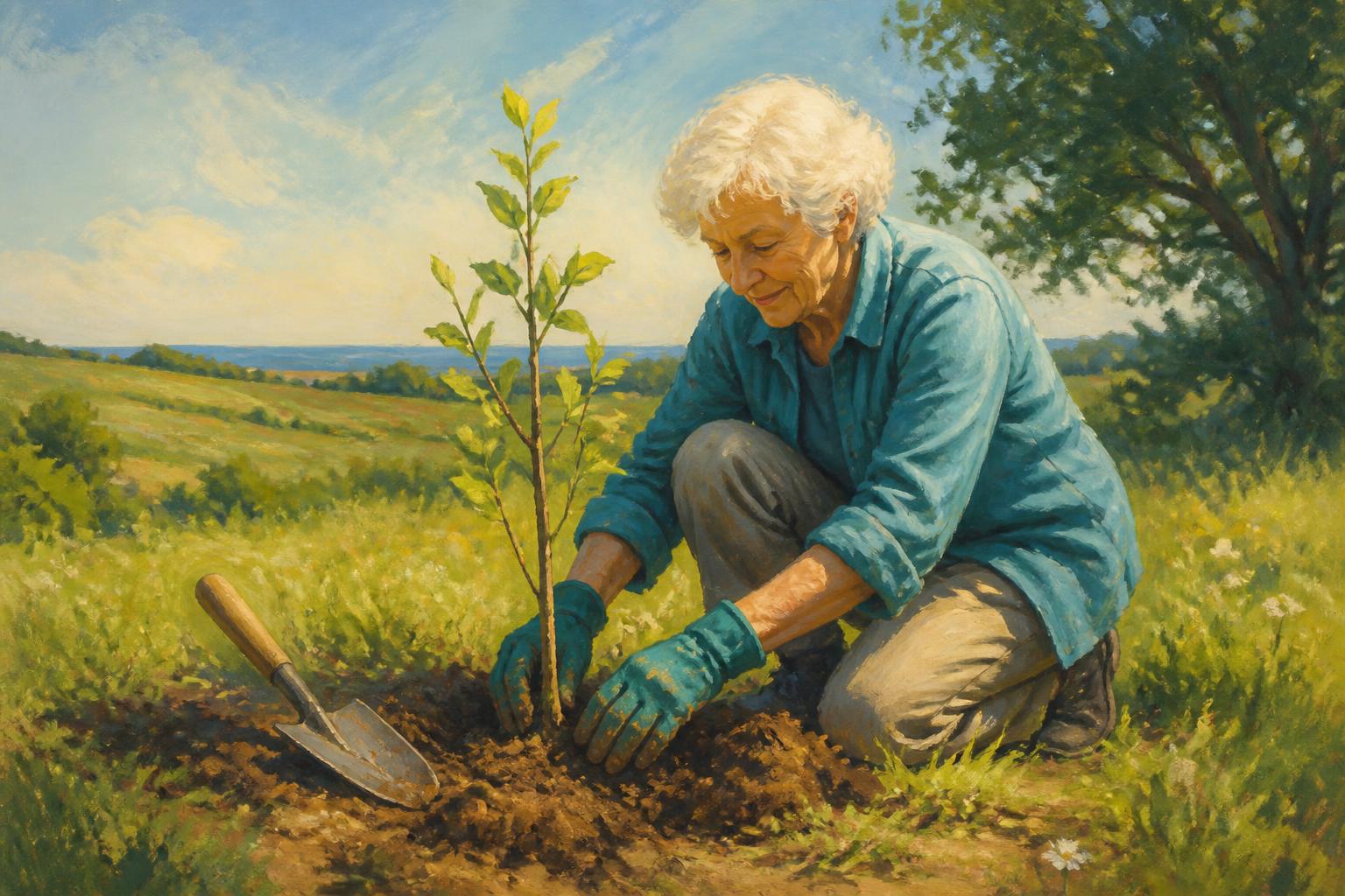A person plants a young tree alone at sunrise while distant neighbors wait without pressing closer.
