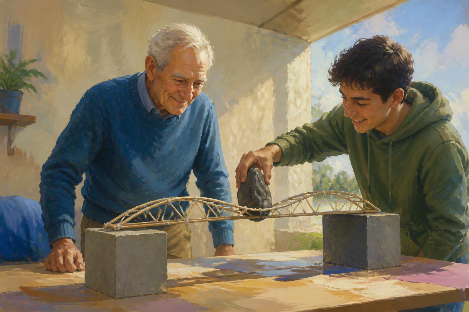 Two people test a bowed bridge of wood between warm tables in a quiet room.