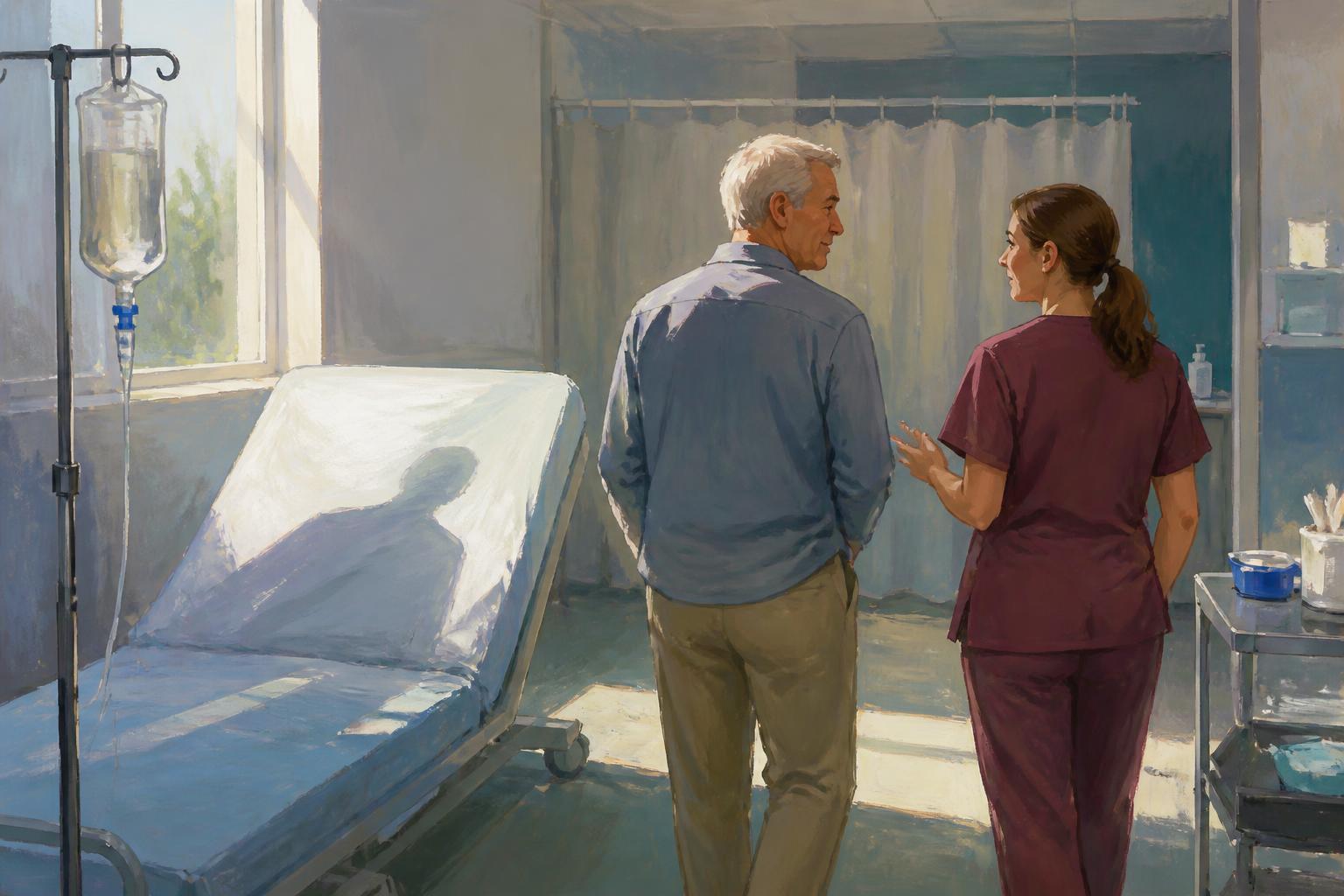 A woman with medicine sees a second empty bed formed by the sickbed's shadow.