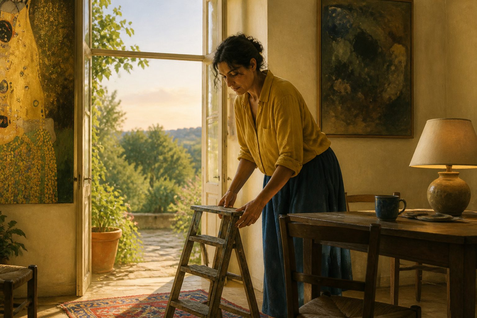 A tired woman sets down a small ladder beside a softly lit open doorway.