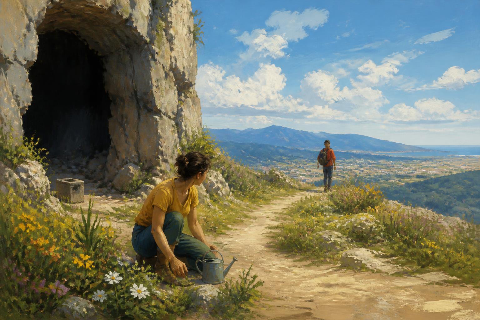 Painterly scene for Before a fear can teach you, ask what it is protecting.