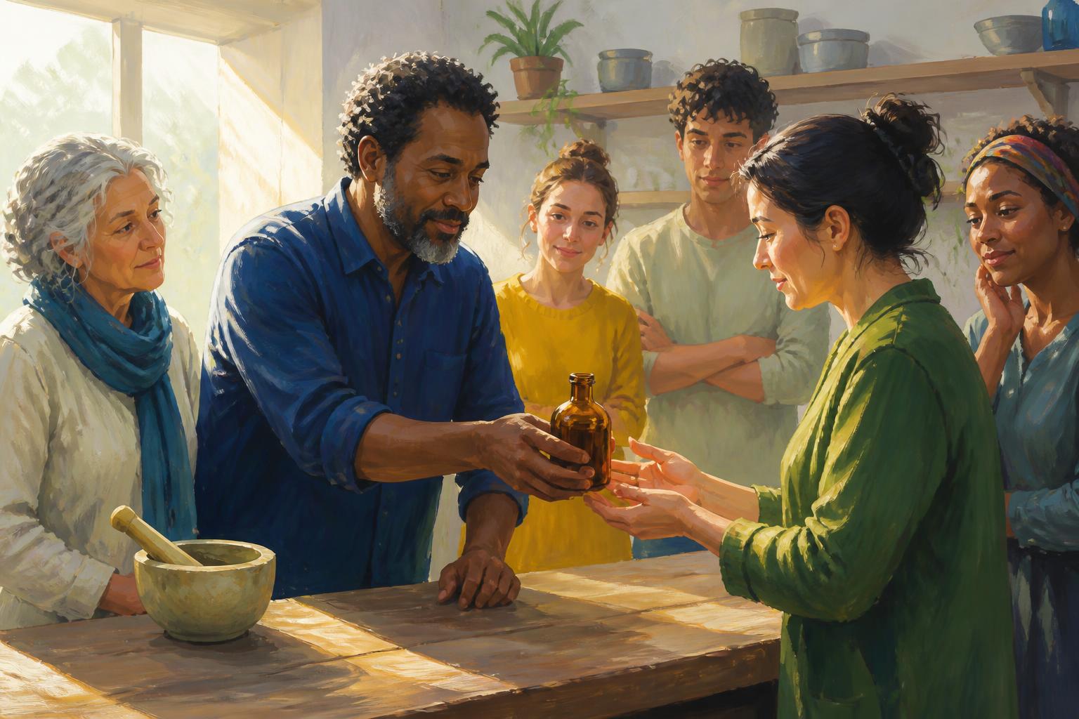People in a warm room consider different remedies while one oversized vessel sits apart.