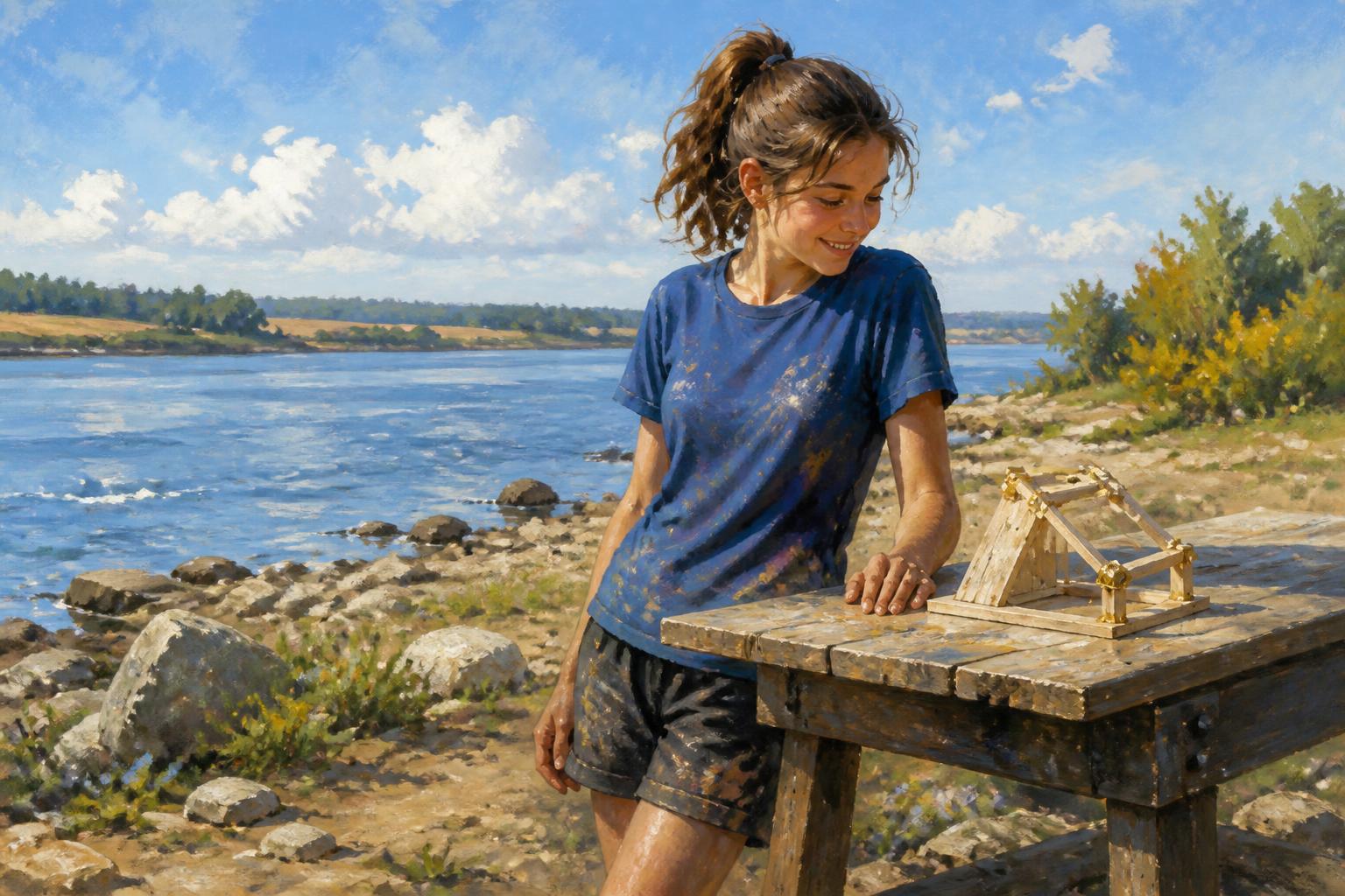 A woman pauses beside a plain workbench, one tool in hand, while untouched plans lie in shadow behind her.