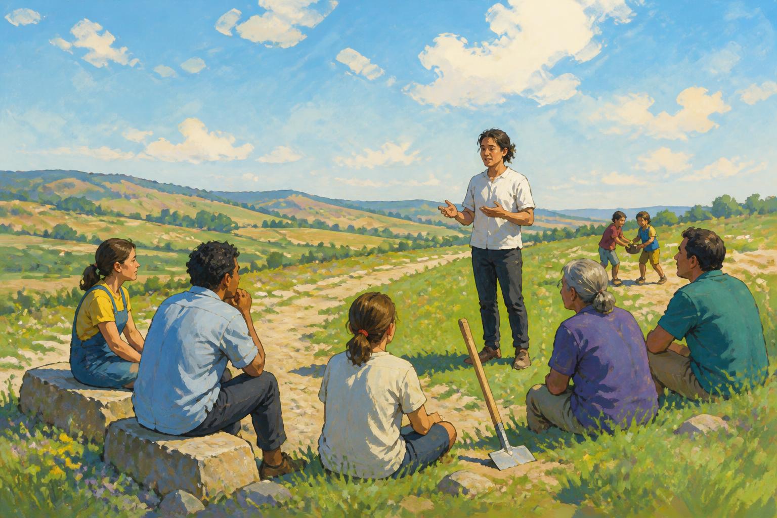 Painterly scene for Set down the tool only after you know what still corrects you.