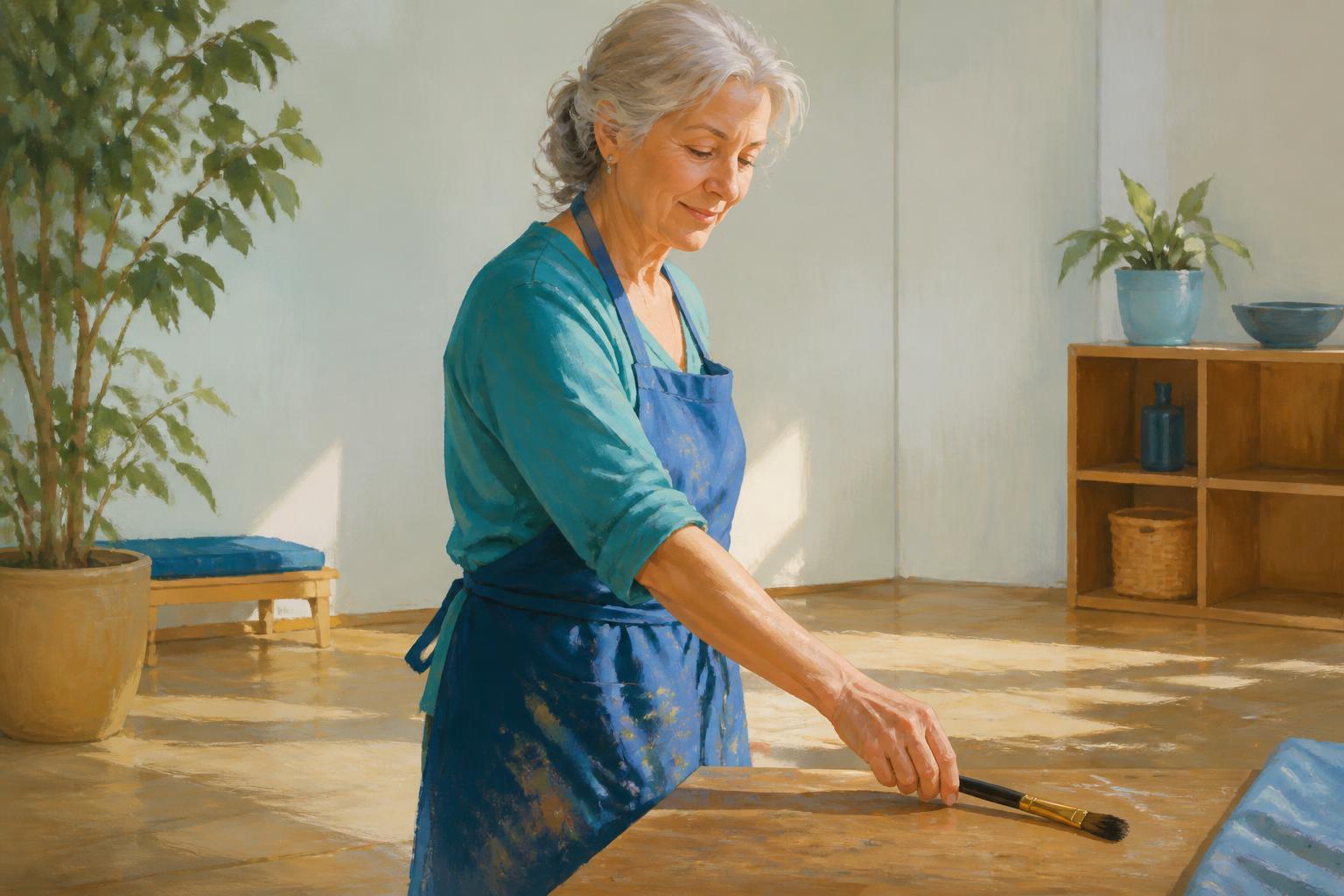 A woman pauses at a kitchen table as morning light returns her to an ordinary act.