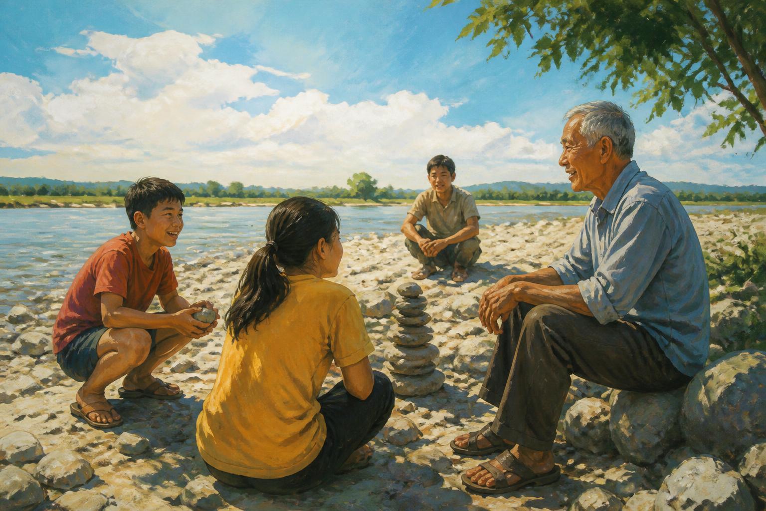 A seated elder beside an open door listens as neighbors gather in warm light.