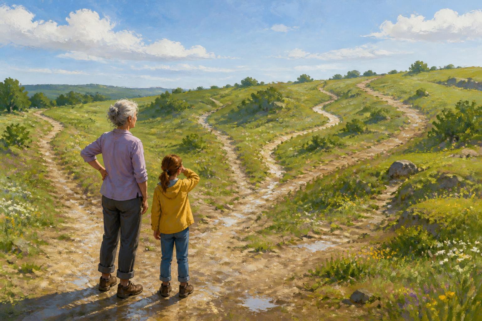 Two figures in a lamplit room compare many open paths before choosing where they meet.