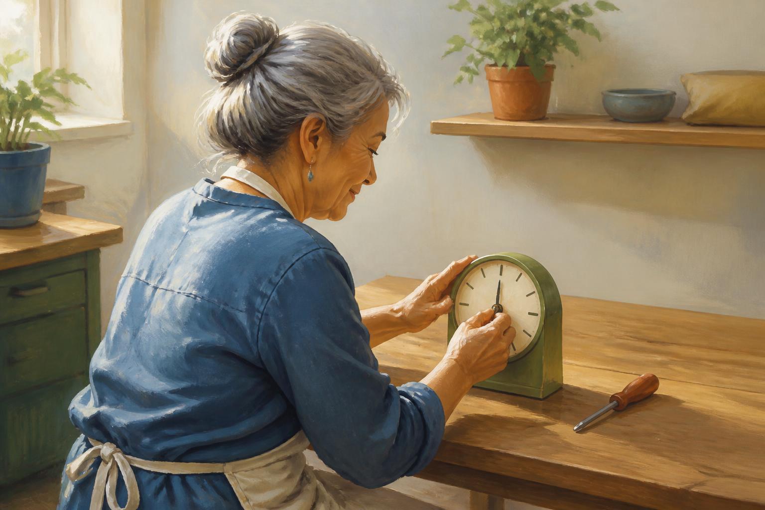A woman near a station clock pauses by a warm window, calm and unjudged by time.