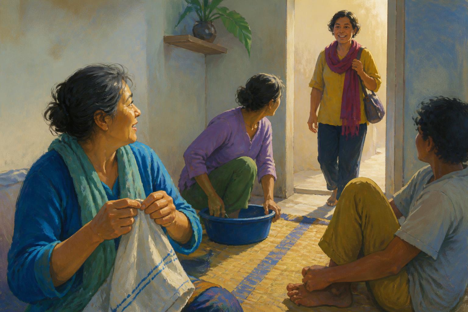A woman pauses at a threshold while warm light and distant figures suggest the path ahead.