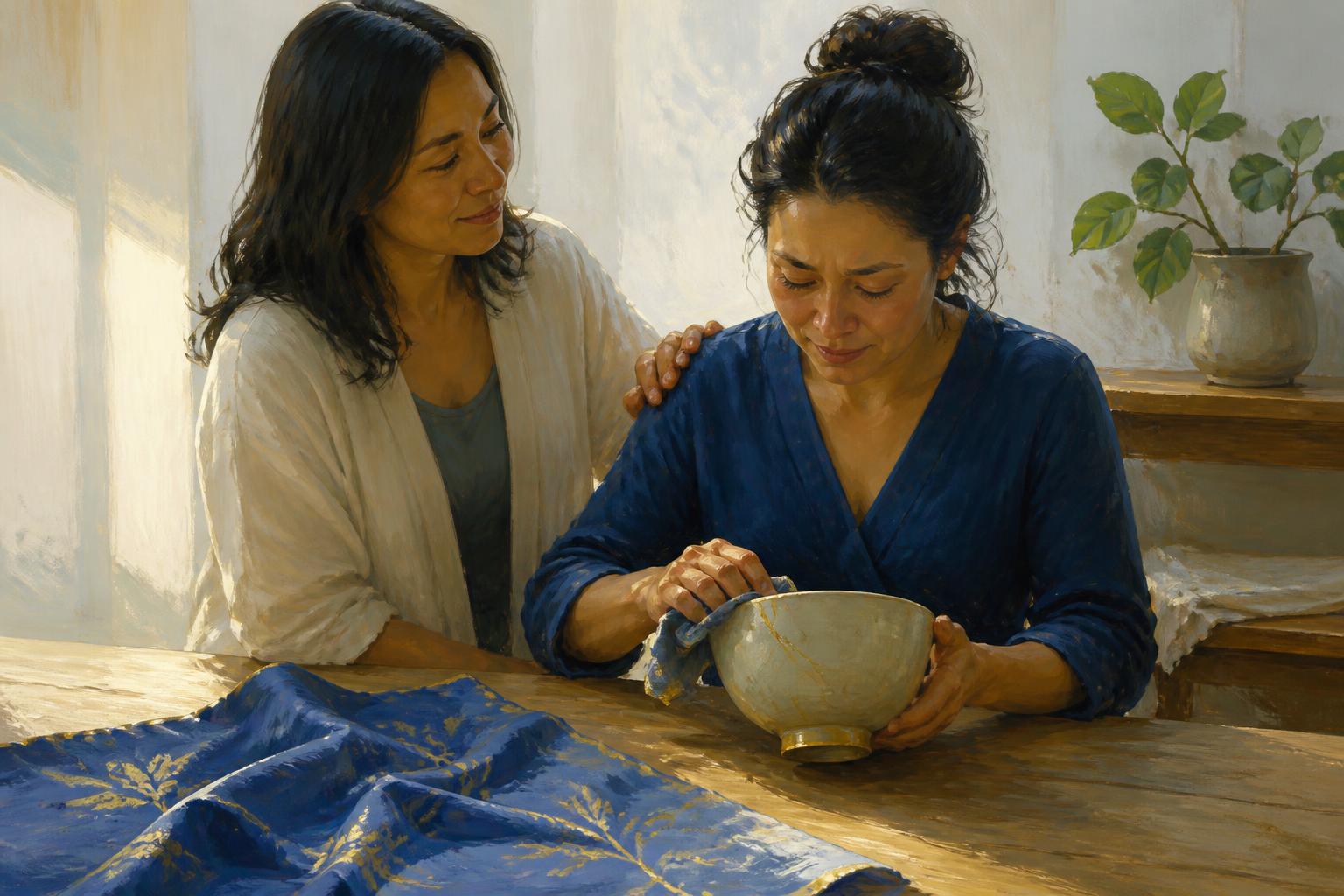 A woman pauses in a warm kitchen, with a folded mat nearby and morning light opening into ordinary life.