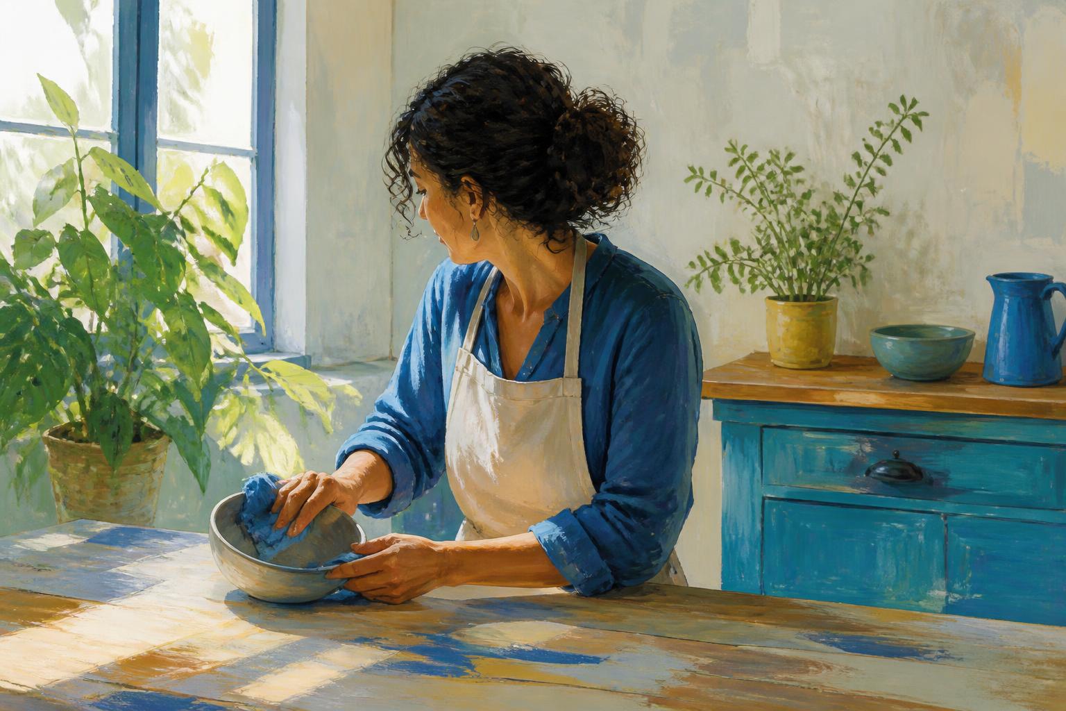 A woman pauses at a table of scales and papers as warm window light gathers around her.