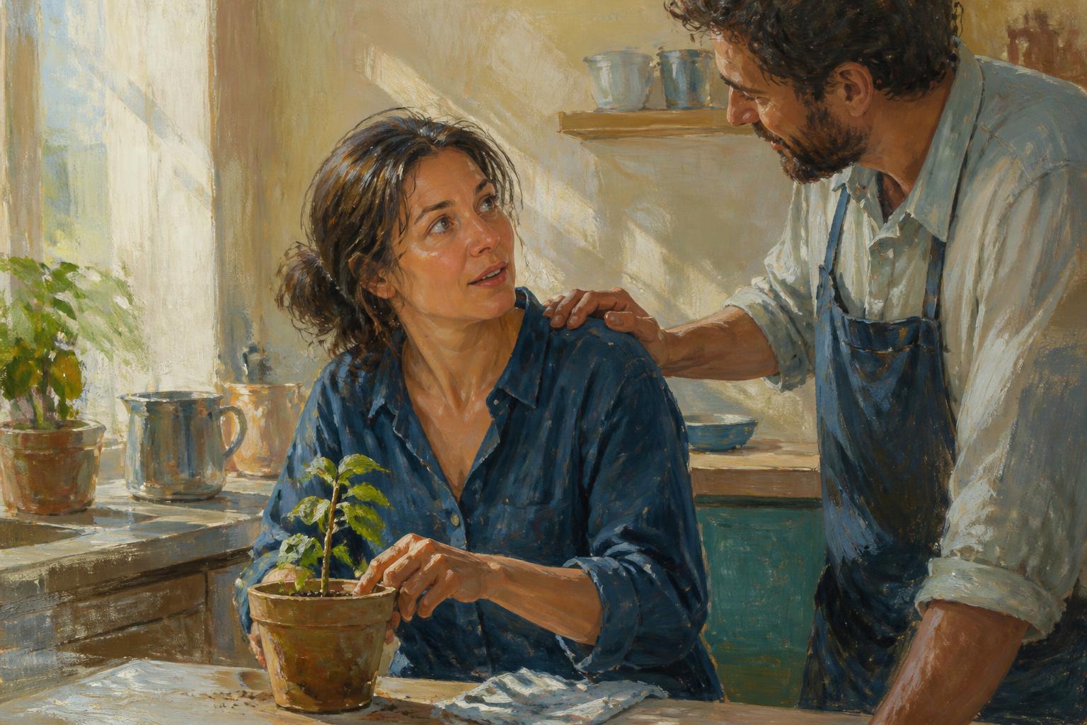 A person rises from stillness toward small household tasks in warm morning light.