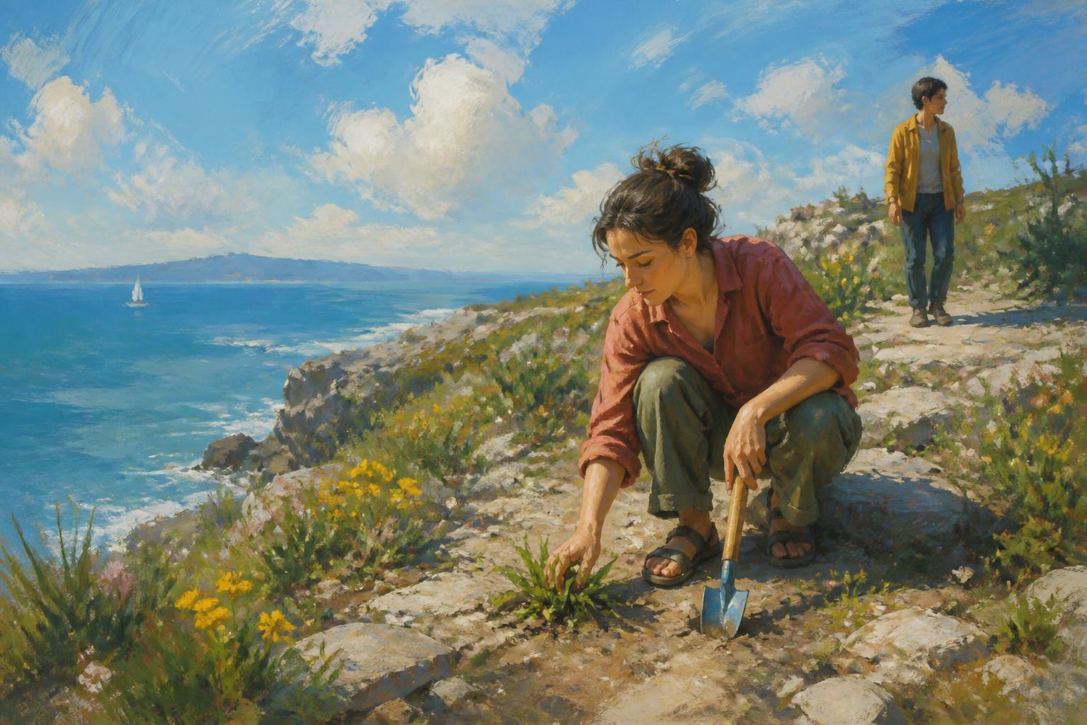 A seated person steadied by a guide near a warm window after difficult practice.