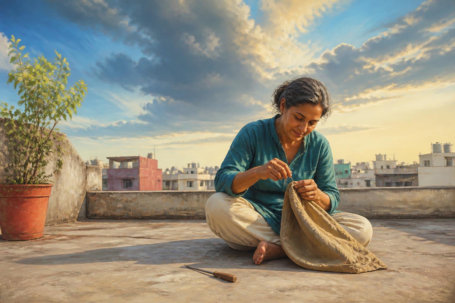 A person puts away a dark phone and waters seedlings on a rain cleared rooftop at sunrise.