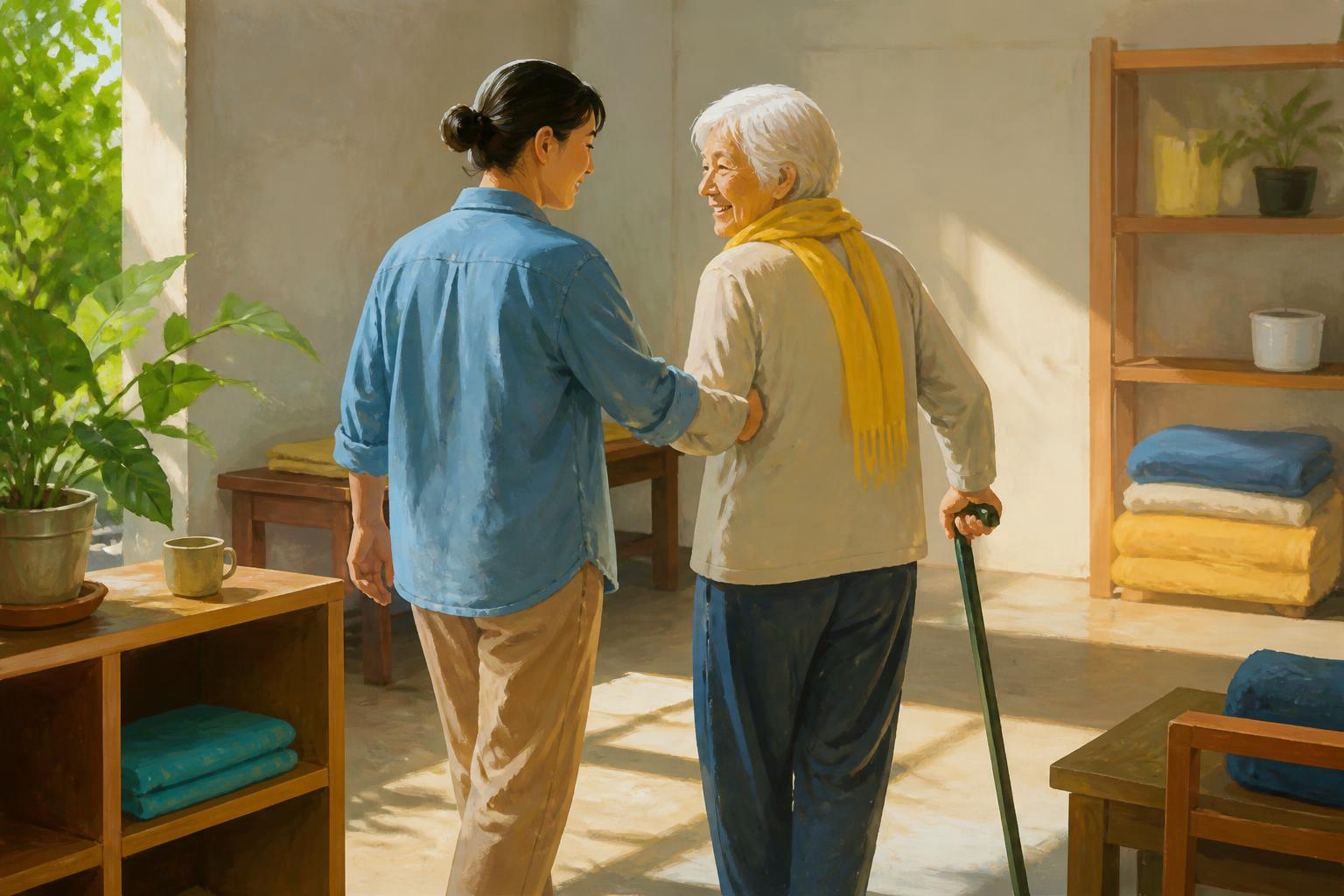 A person leaves a study of blank pages toward neighbors at a warm table.