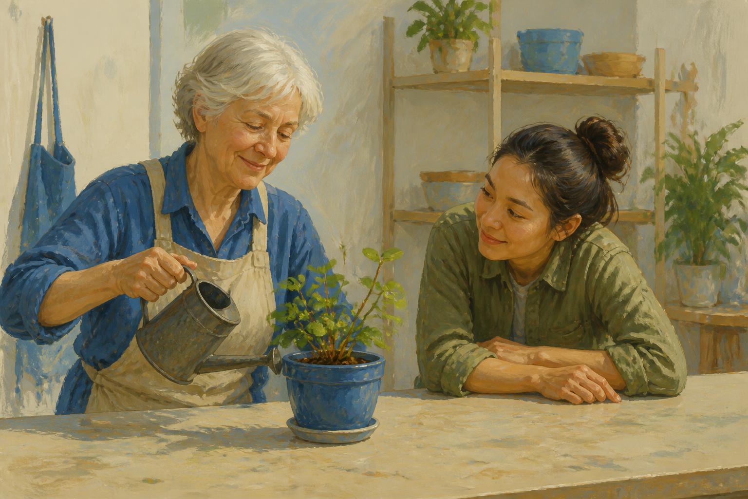 A person leaves a quiet cushion to wash a cup in warm morning light.