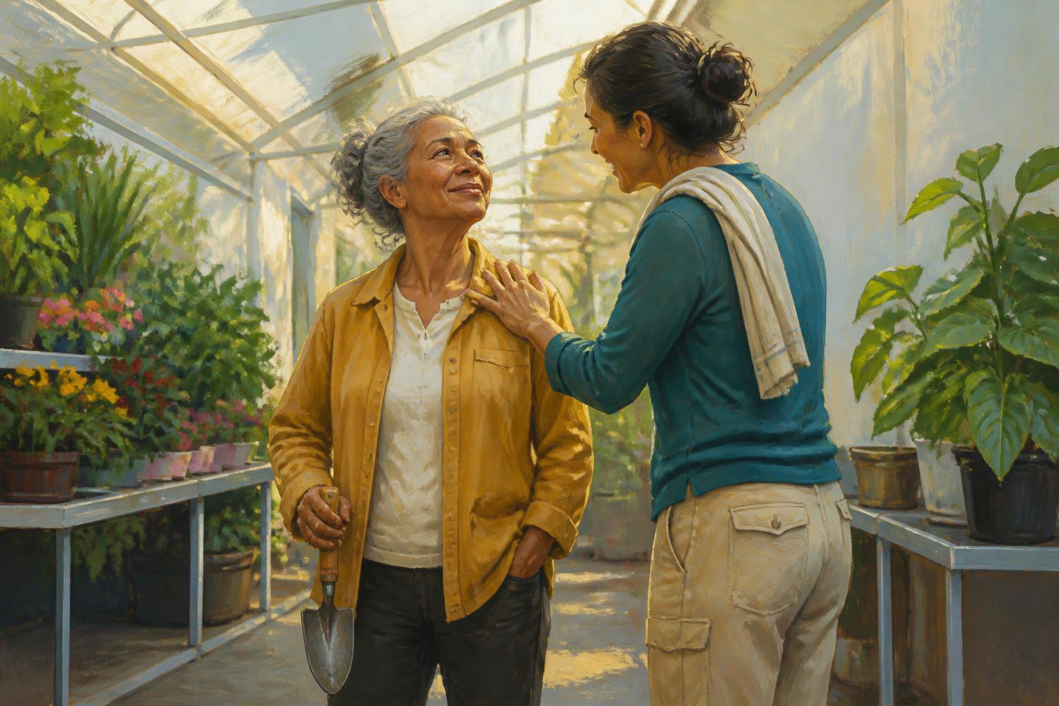 A woman pauses in a warm room, steadied by table, doorway, light, and a quiet neighbor nearby.