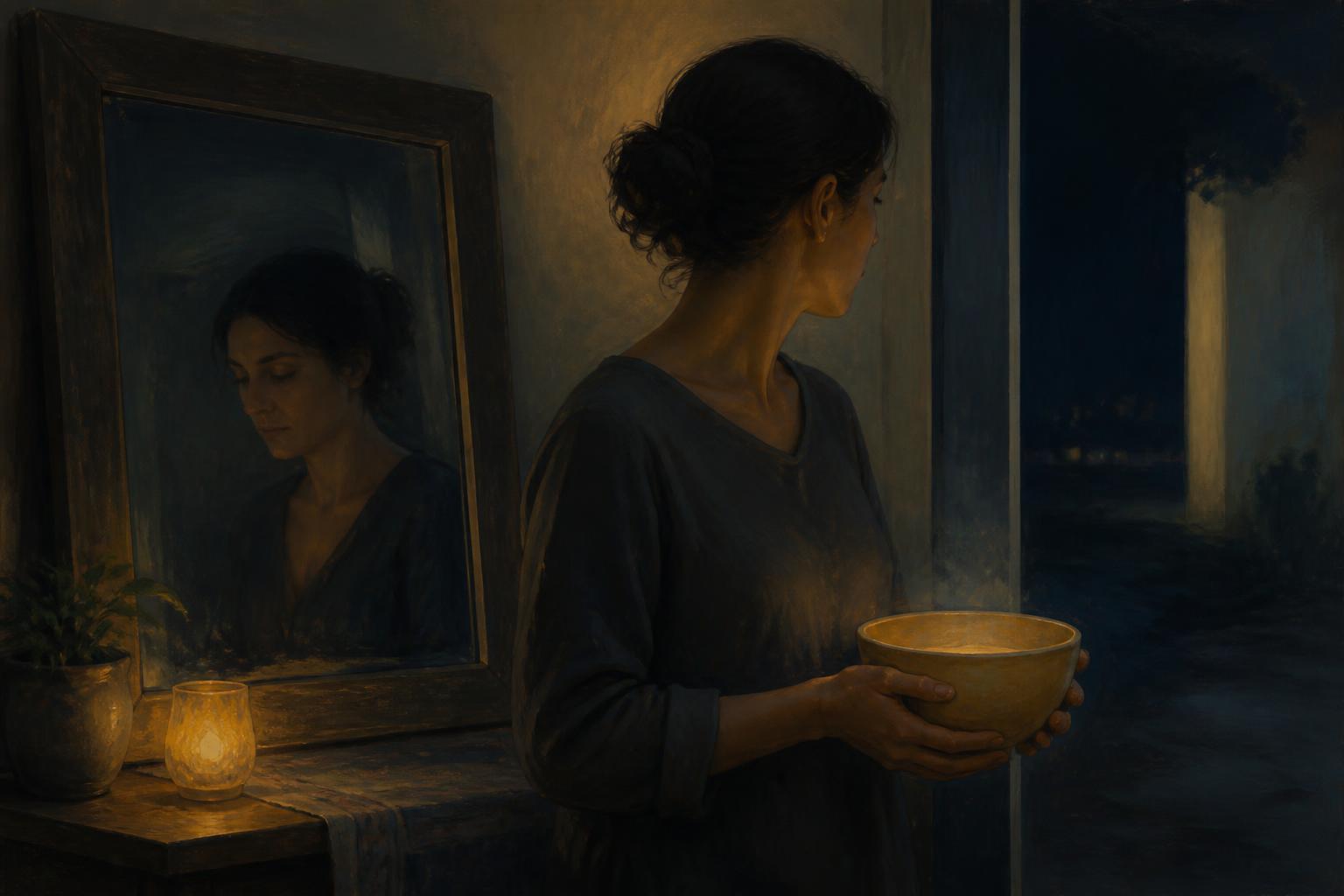 A woman turns from a dim mirror to carry a warm bowl toward someone waiting in the doorway.