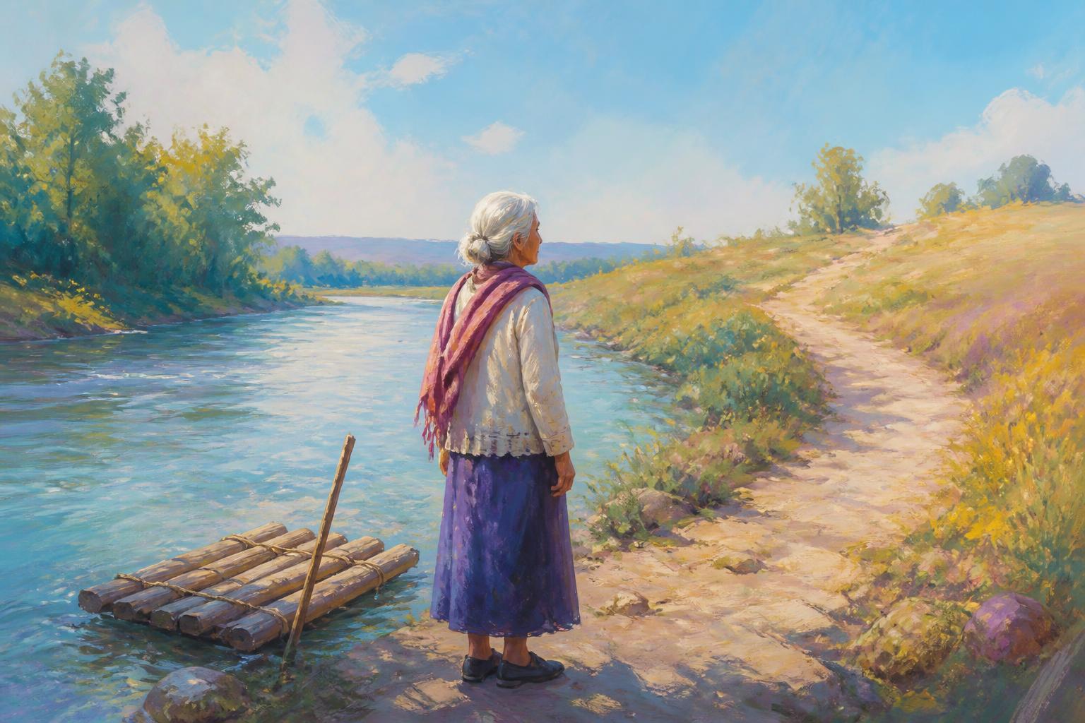 A woman pauses after crossing a river, leaving a small raft behind while facing a quiet path ahead.