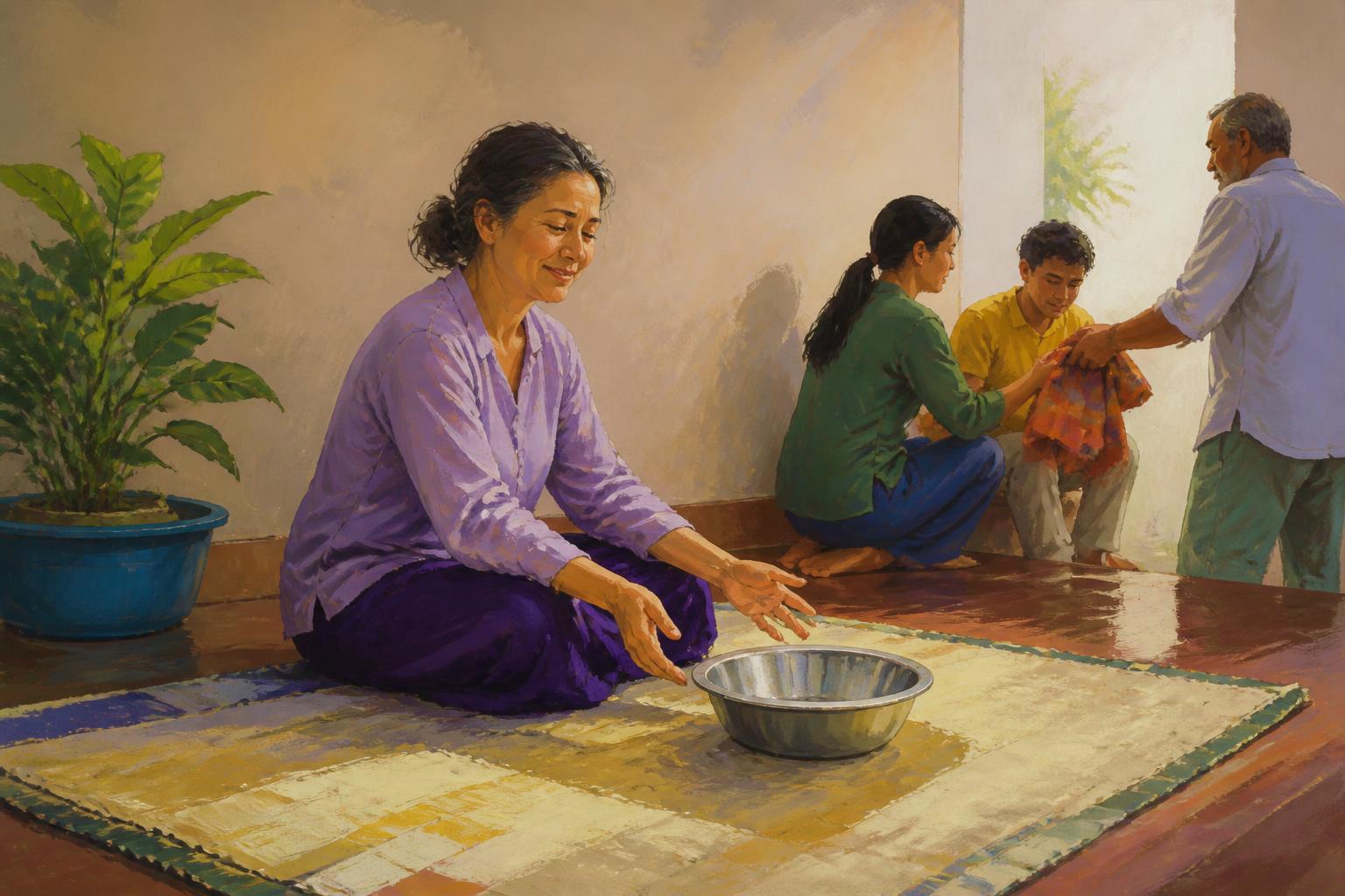 A weary person sets down a blank ledger as warm help arrives without demand.