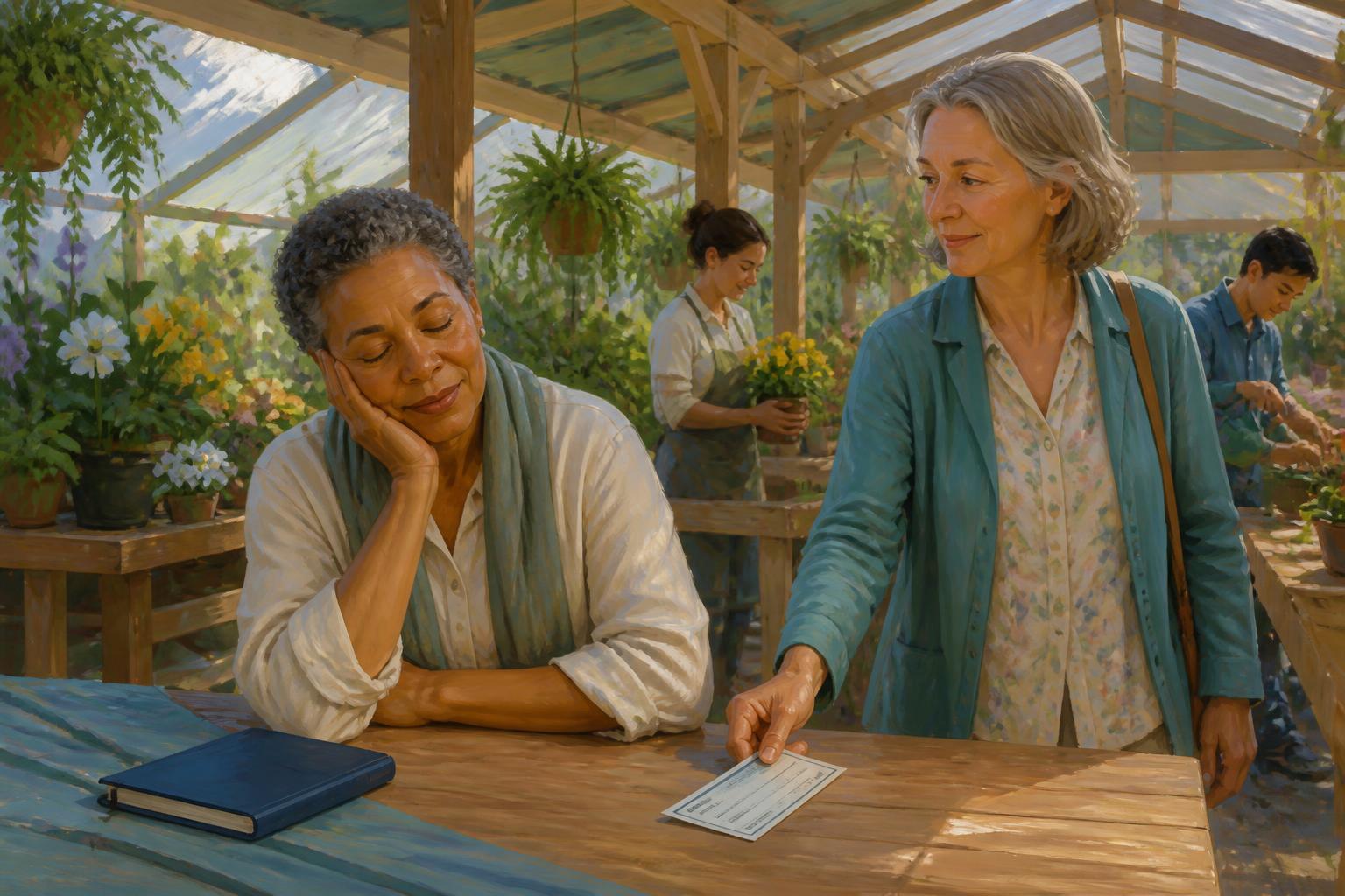 A weary person rests at a table while a calm companion keeps a closed notebook beside a warm window.