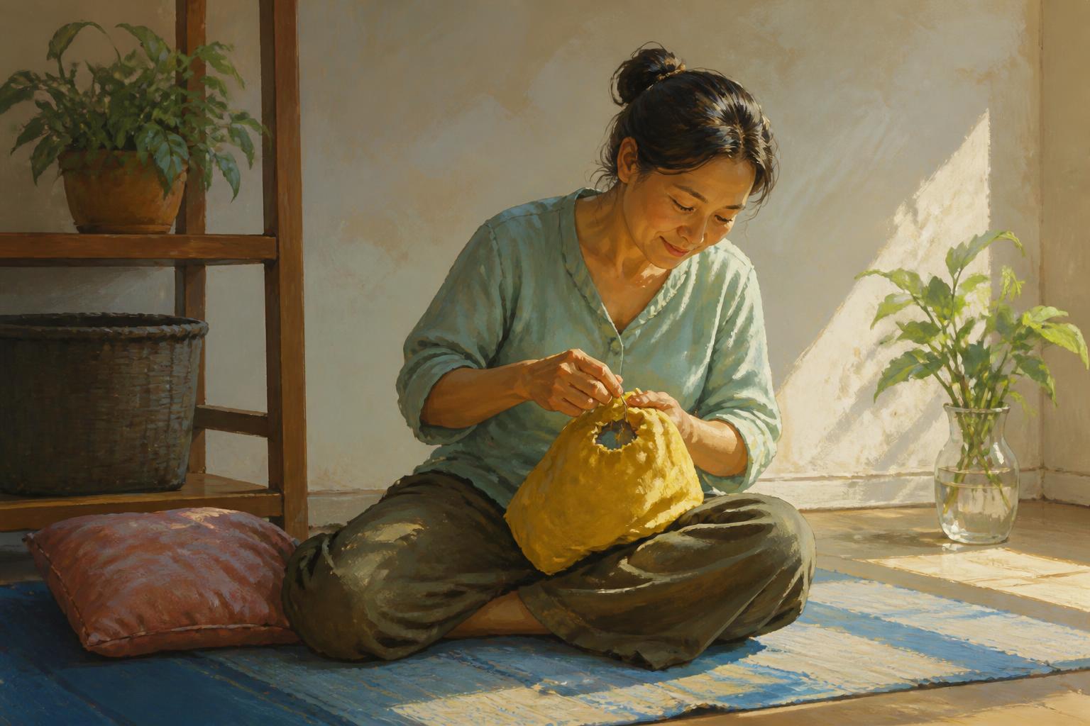 A person leaving a mirror by lamplight to tend a simple table.