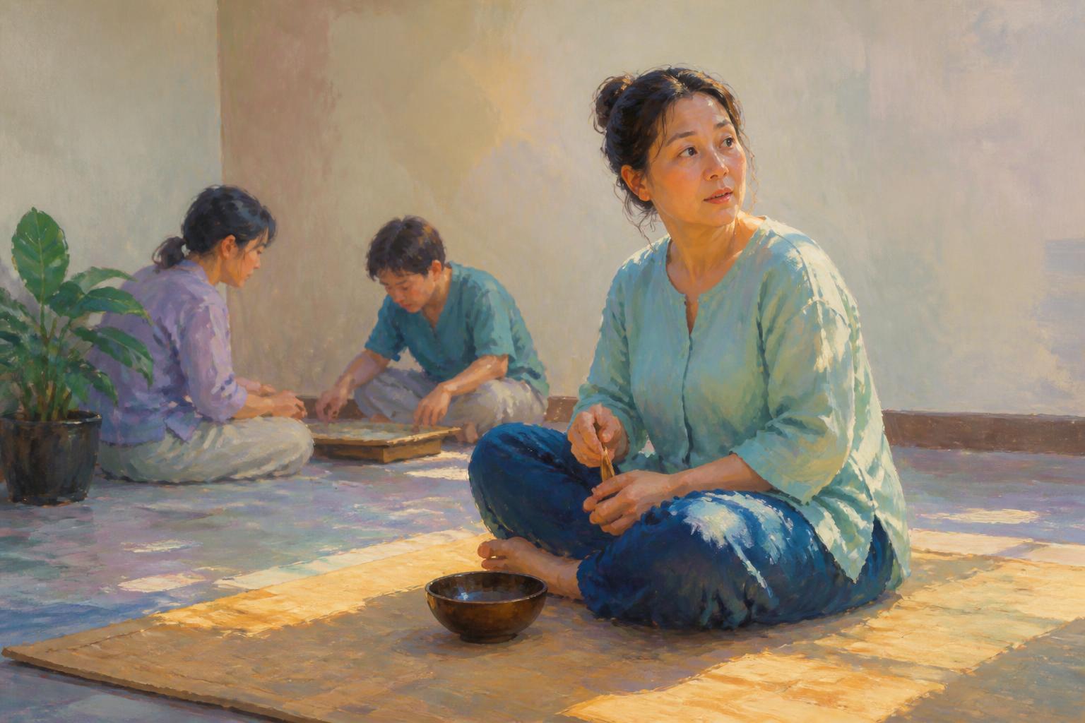 Two readers at separate tables trace the same thread through borrowed light.