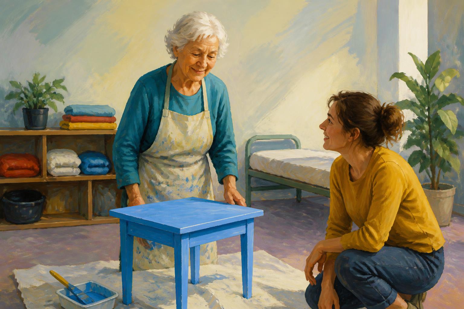 A woman works calmly at a table while finished and flawed pieces rest apart in warm light.