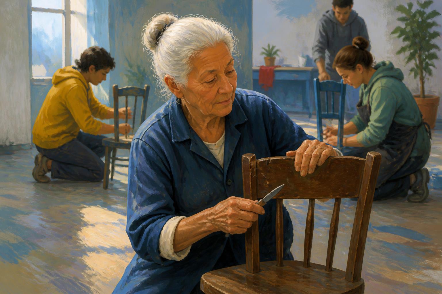 A woman sets aside a blank book and moves toward a quiet phone in warm kitchen light.