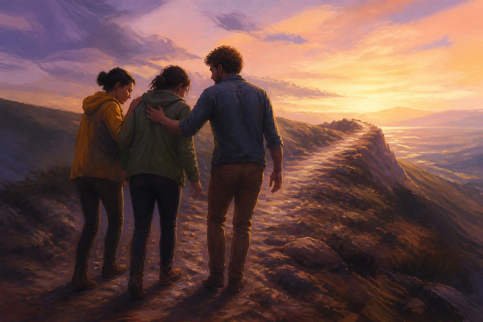 Three people steady one another on a dusk path while the road narrows into light.