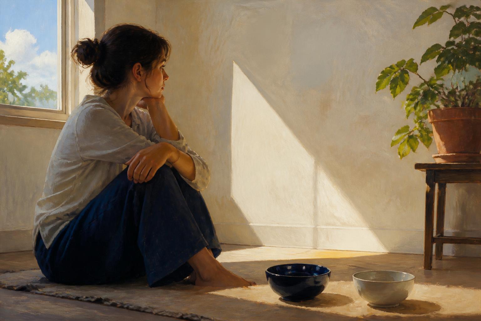 A woman sits by a window with two bowls, holding a quiet pause between explanation and self judgment.