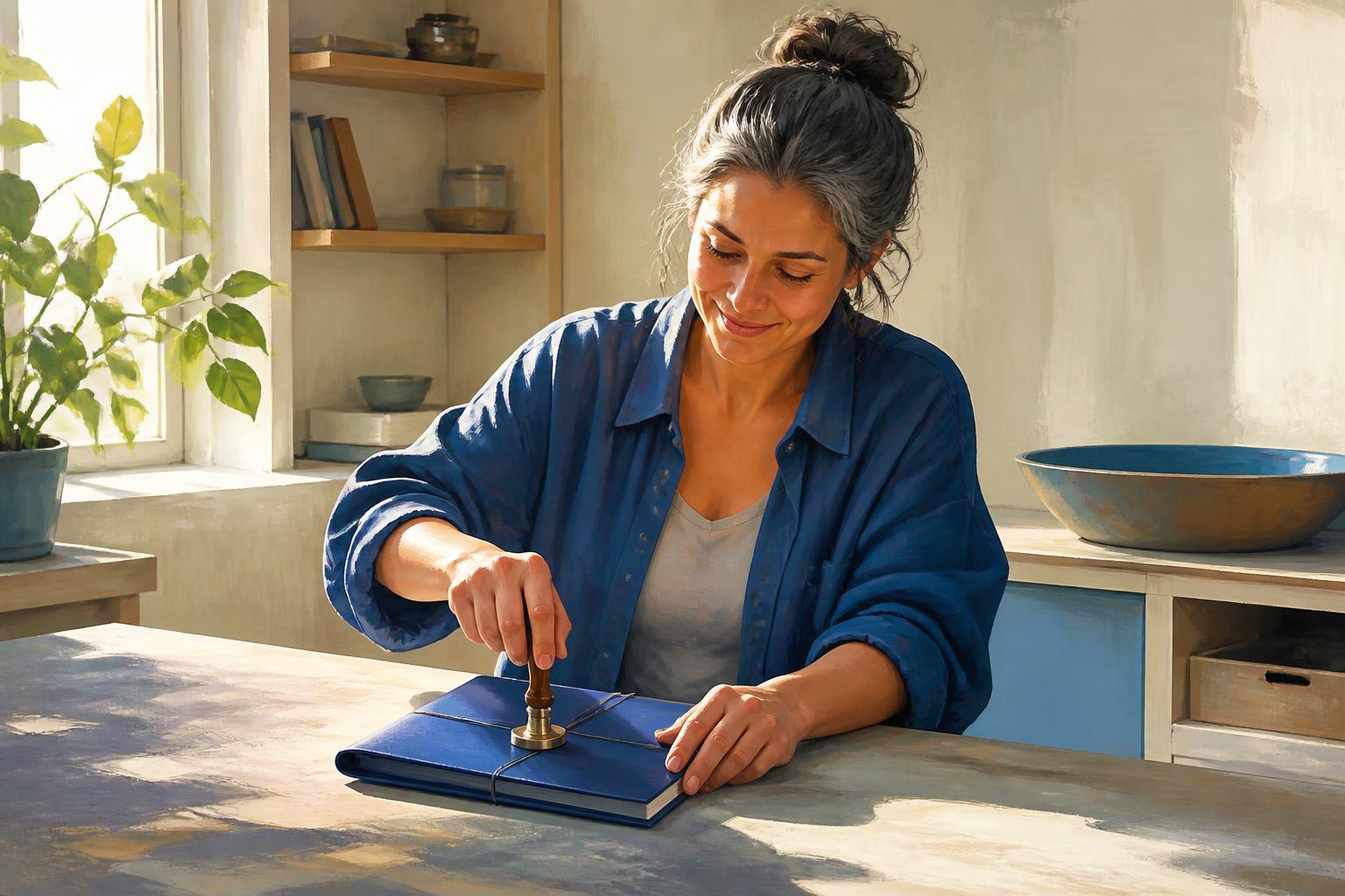 A weary worker gathers scattered blank pages into one finished bundle under a warm lamp.
