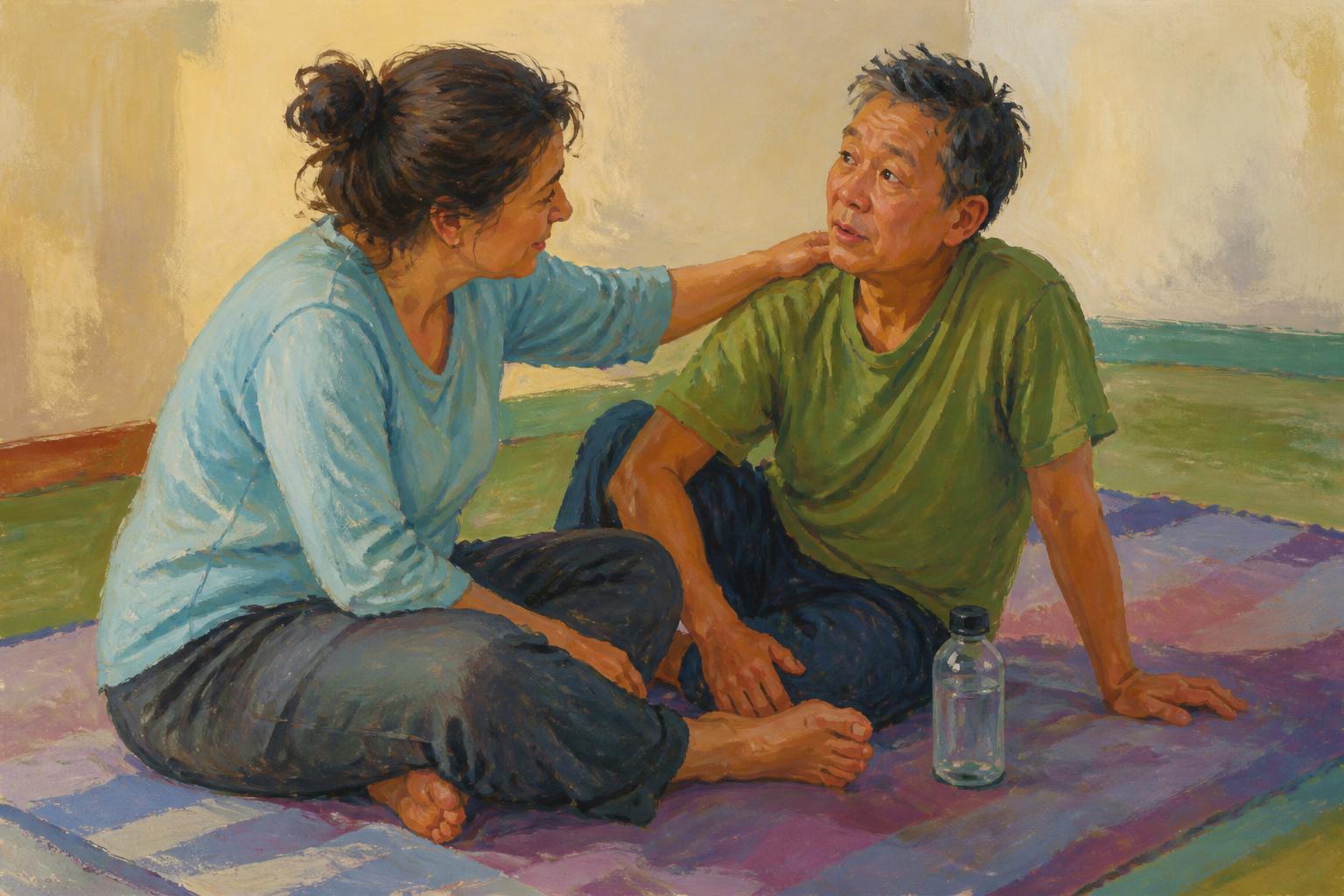 Painterly scene for Love can see who someone is becoming, but it must keep watching who they are.