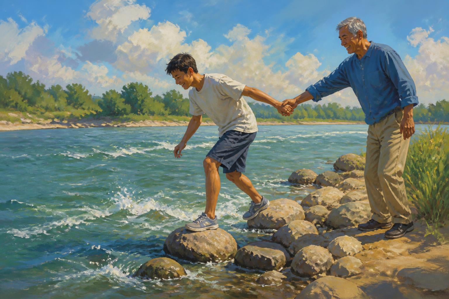 Painterly scene for Do not lean your life on help you cannot reach.